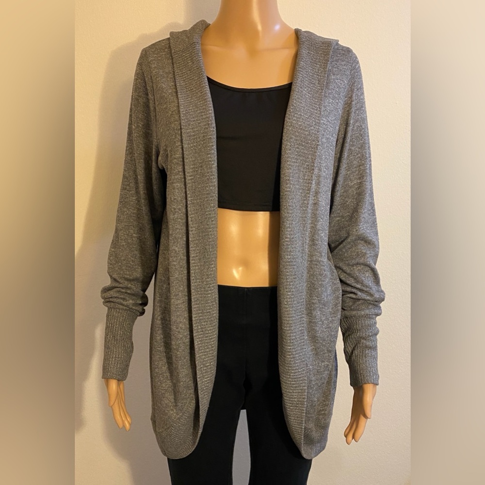 Women Grayson / Threads Gray Long Sleeve Hooded Rounded Open Front Cardigan